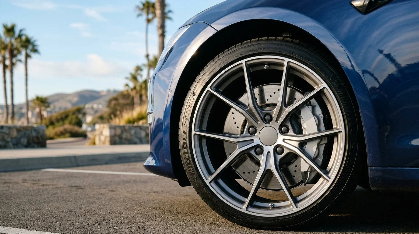 Clean unbranded brake calipers behind a modern wheel in San Diego sunlight