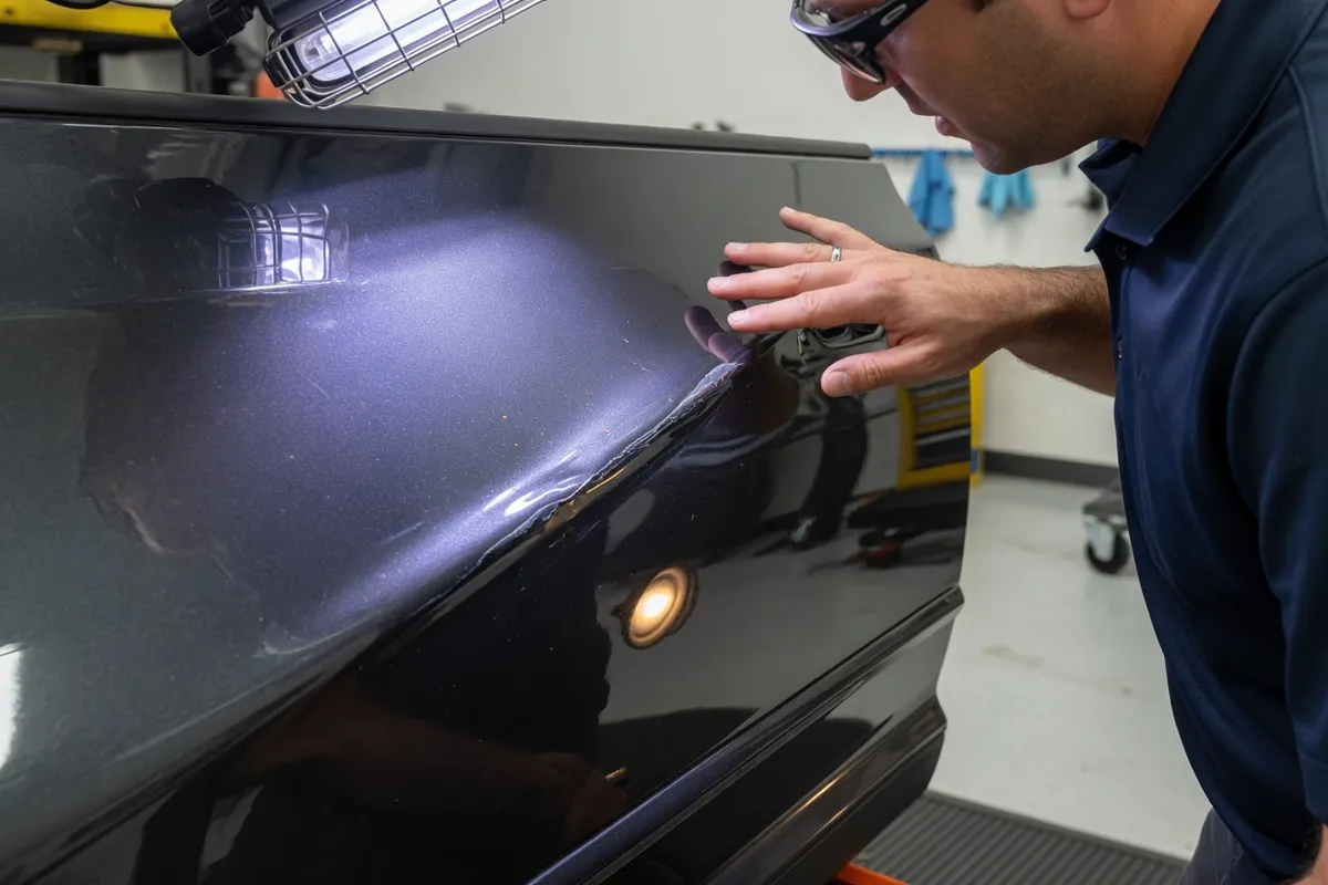 Shallow crease dent on an unbranded car door under inspection lighting