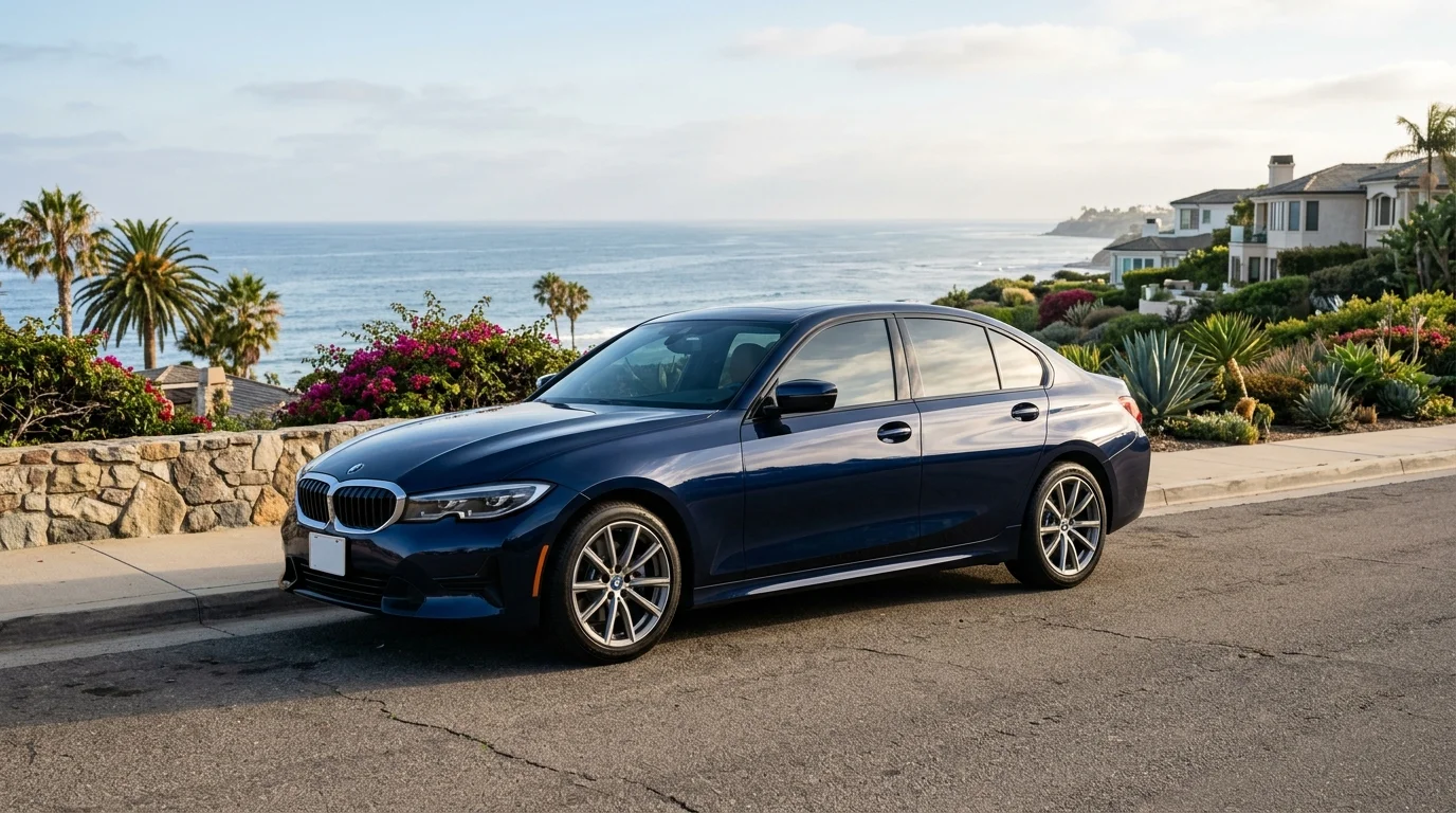 Clean unbranded car parked on a Del Mar coastal street in soft California light