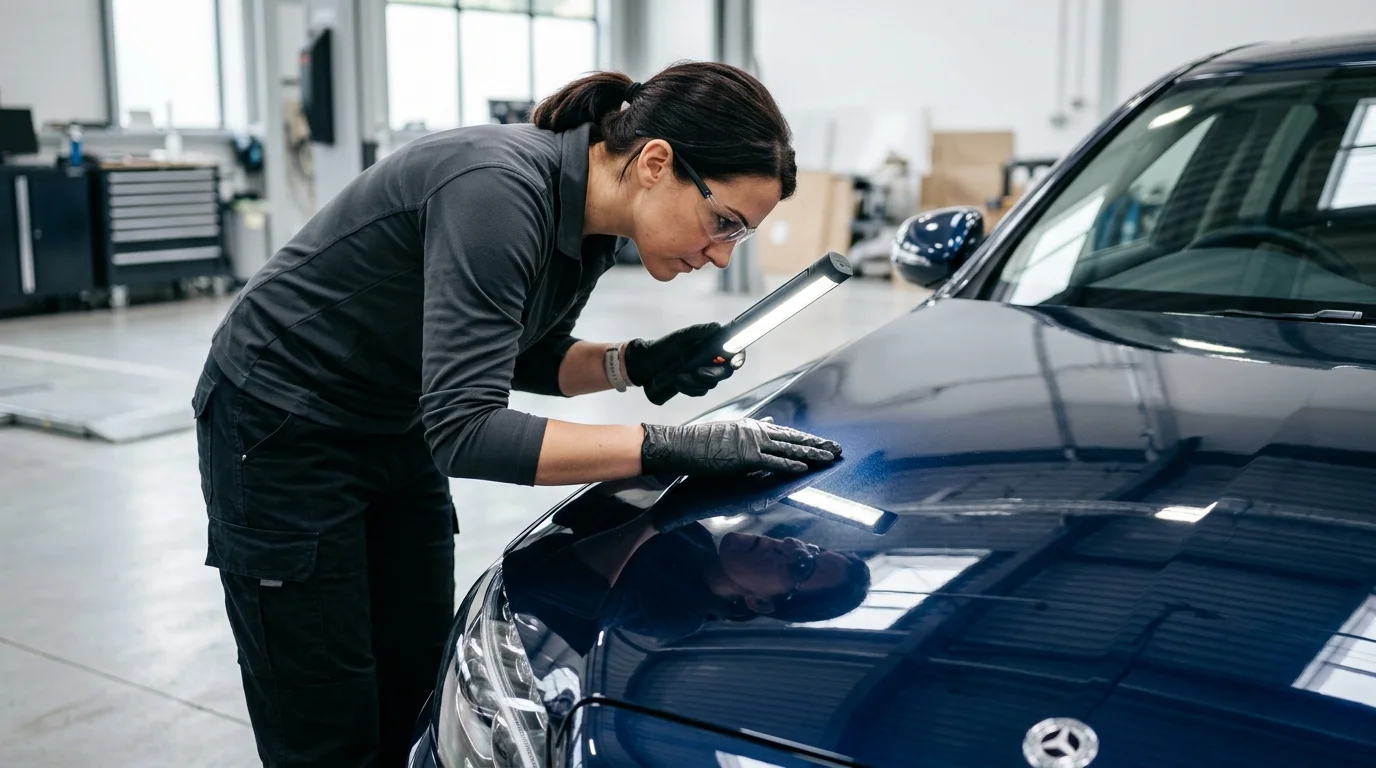 Professional inspecting the finish of a glossy coated car panel