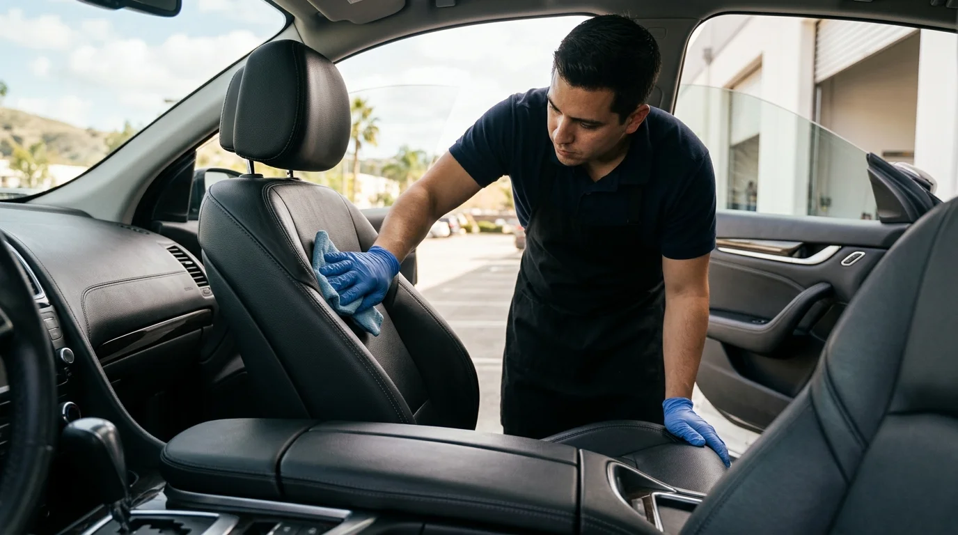 Clean leather car seats being inspected before an interior coating service