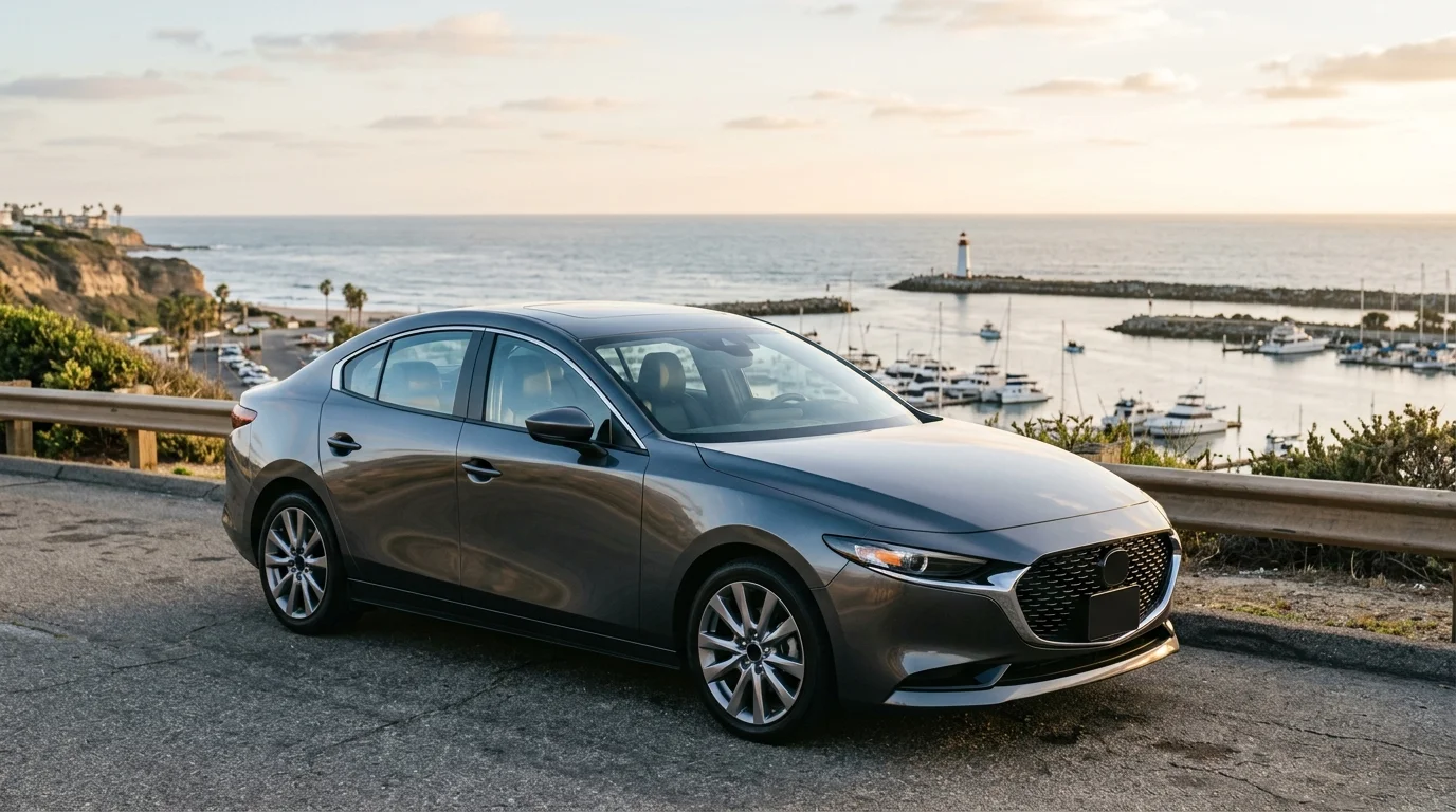 Clean unbranded car parked near the Oceanside, California harbor in coastal light