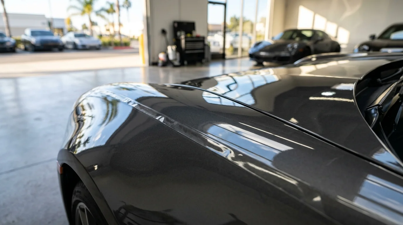 Clear paint protection film on a car panel prepared for a coating consultation