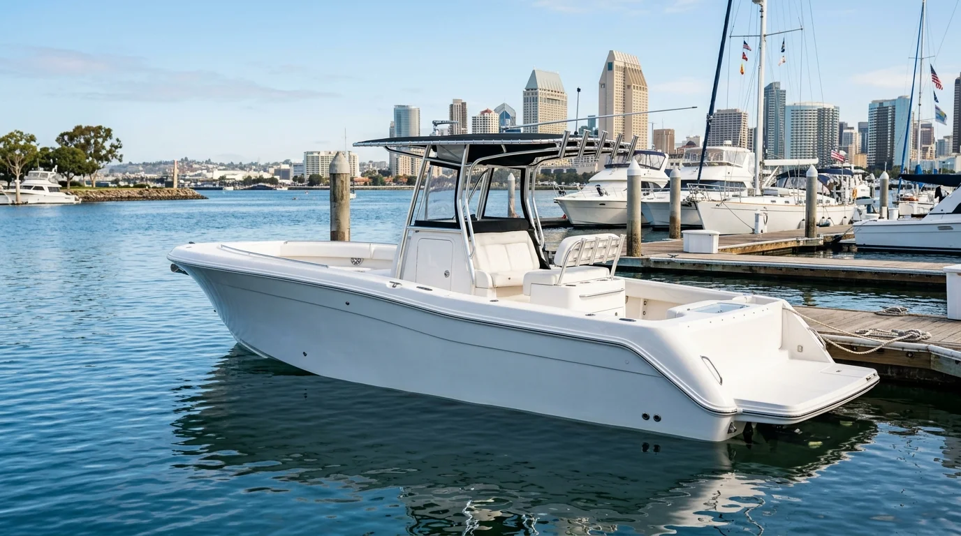 Clean recreational boat beside a dock in a San Diego marina