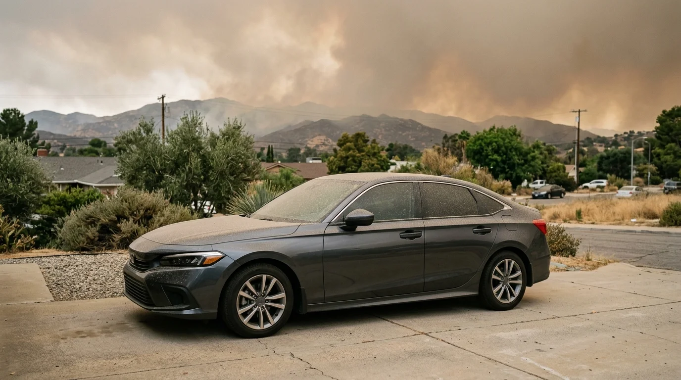 Ceramic-coated car with light wildfire ash in a San Diego driveway