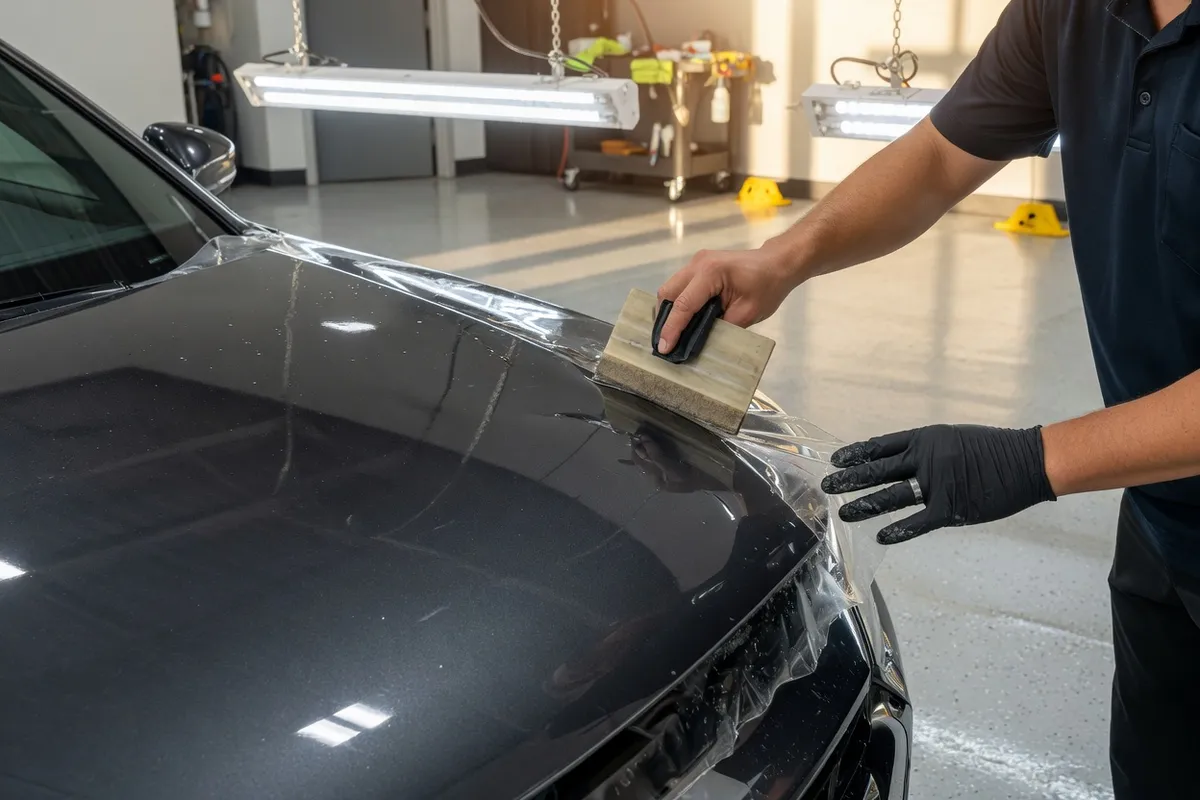 Independent installer inspecting clear bra film on a car hood in a San Diego shop