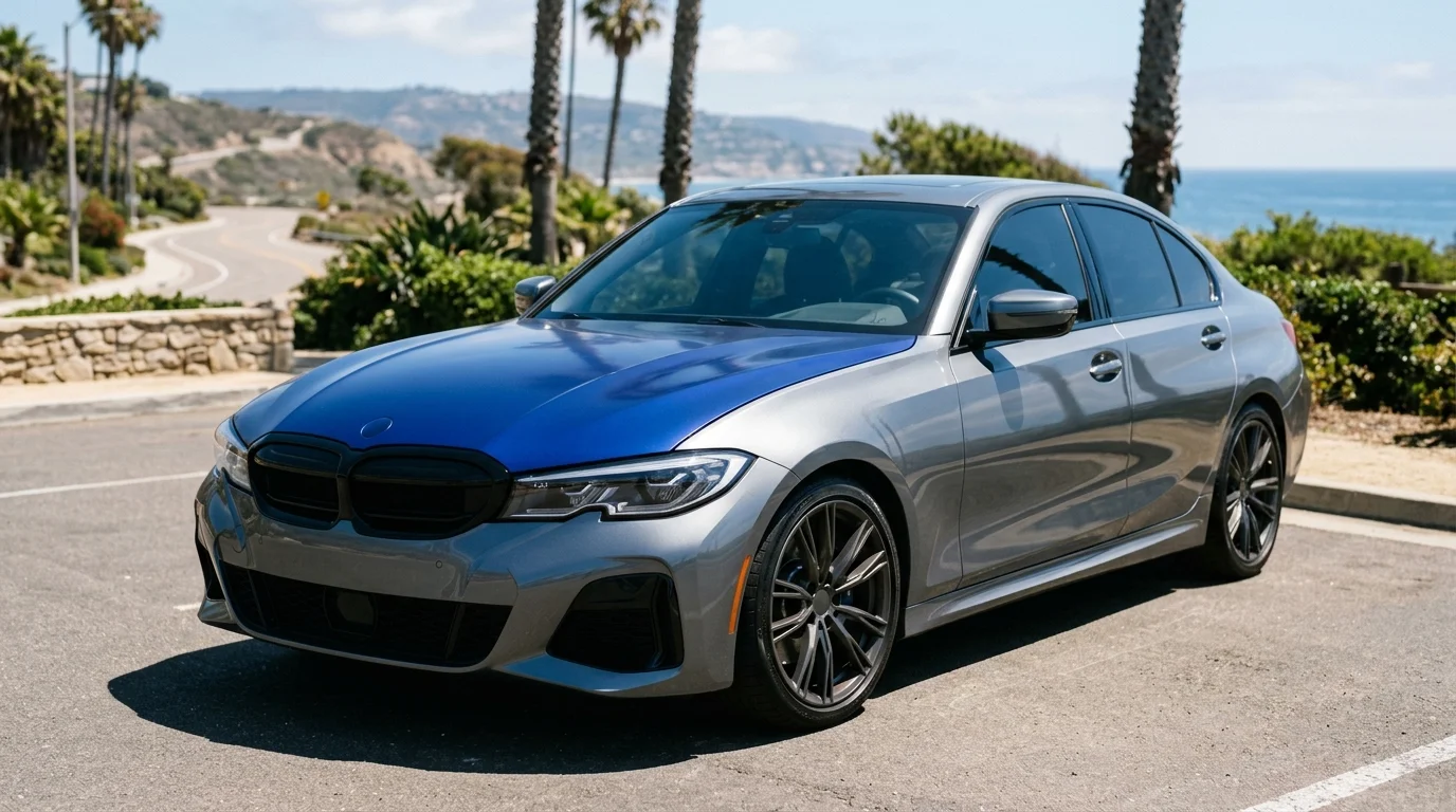 Unbranded car with colored paint protection film on the hood in San Diego sun