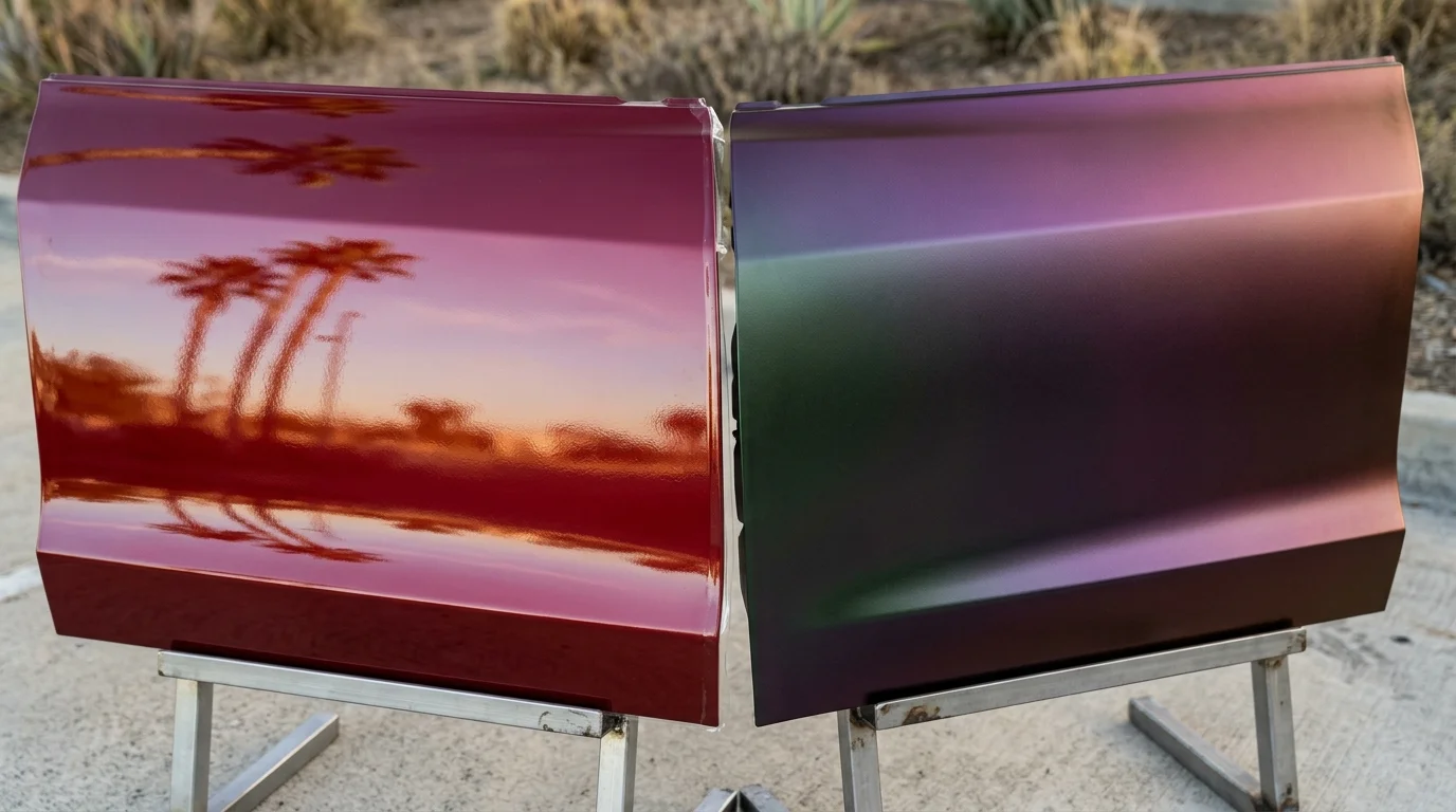 Two modern car panels finished in colored PPF and color-change vinyl