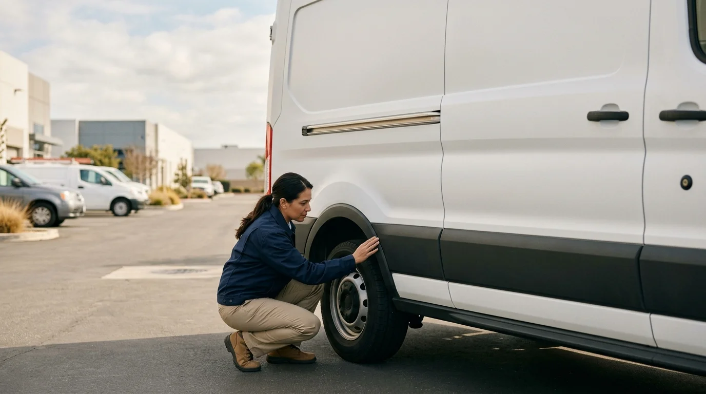 Fleet manager inspecting edge wear on a wrapped work van