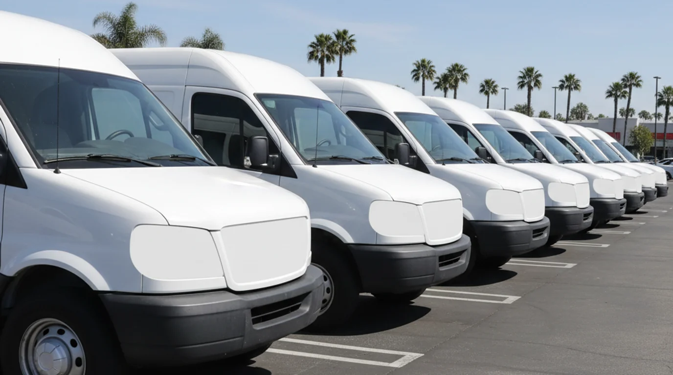 A row of plain white cargo vans in a San Diego parking lot