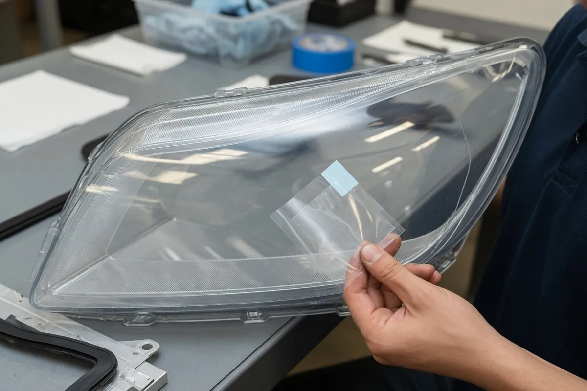 Two modern car headlights, one with clear protection film and one prepared for coating