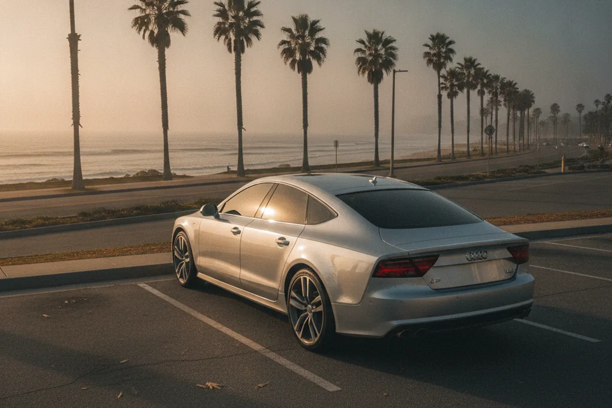 A silver sedan parked near the San Diego coastline with ocean haze visible in the background