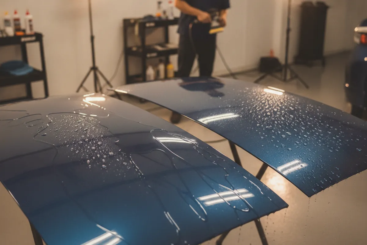 A bottle of carnauba wax and a ceramic coating applicator block placed side by side on a car hood