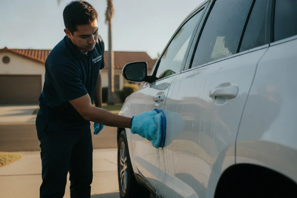 A person rinsing a black coated SUV with a foam cannon at a self-serve wash in San Diego