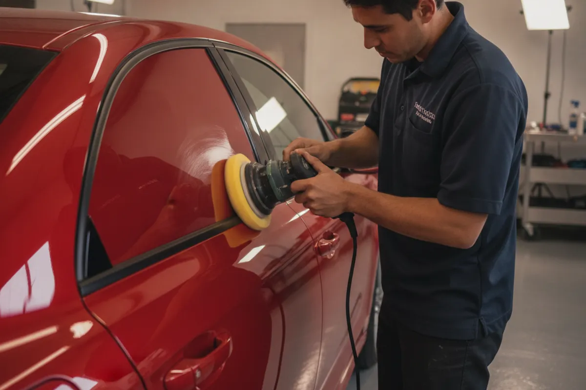 A detailer using a dual-action polisher on a dark car hood under bright shop lighting in San Diego