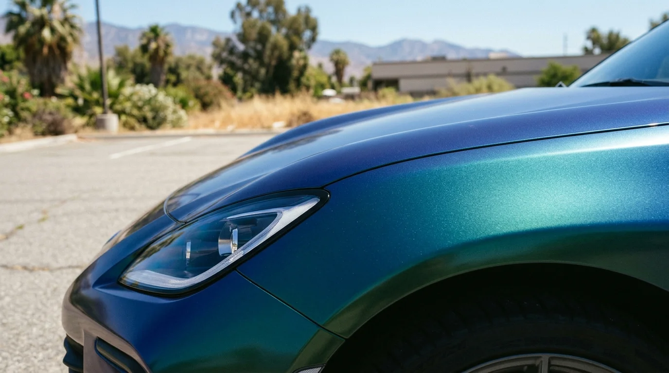 Color-change car wrap parked outdoors in strong sunlight