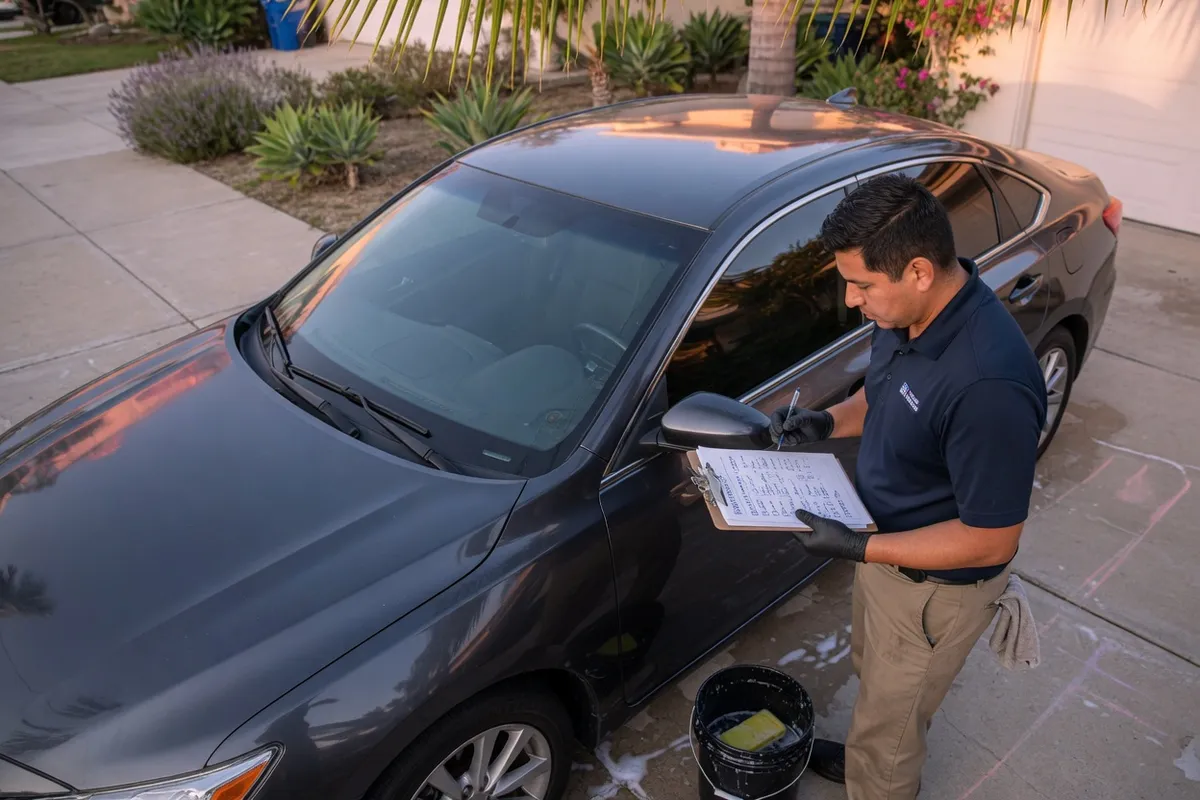 Mobile detailer reviewing a written checklist beside an unbranded car in a San Diego driveway