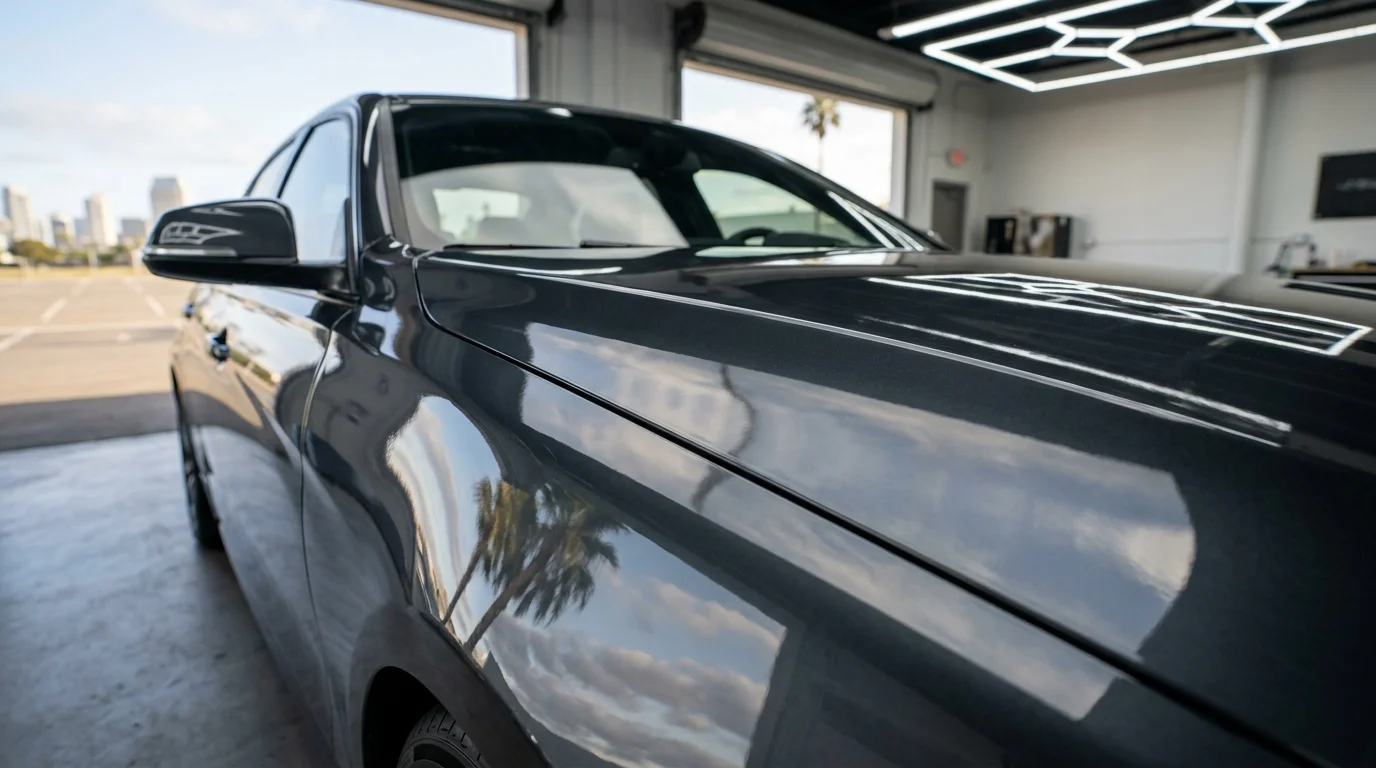 Car owner inspecting paint protection film on a vehicle in San Diego
