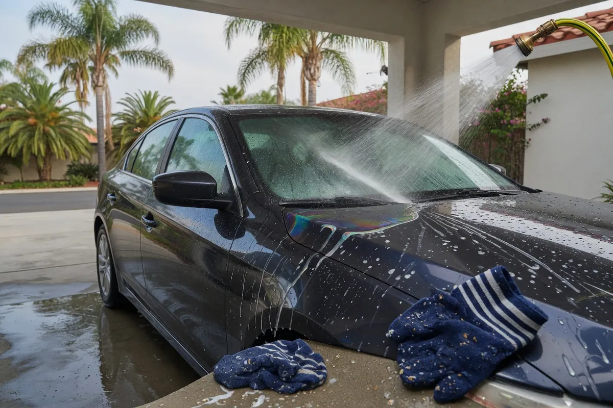 Hand wash rinse on a glossy coated car with clear film edges
