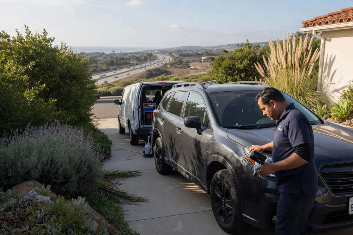 Independent mobile detailer assessing a car in a Carlsbad driveway