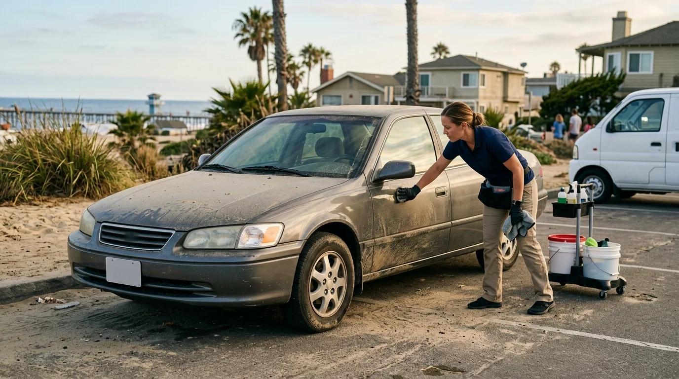 Mobile detailer assessing a sandy car in Oceanside