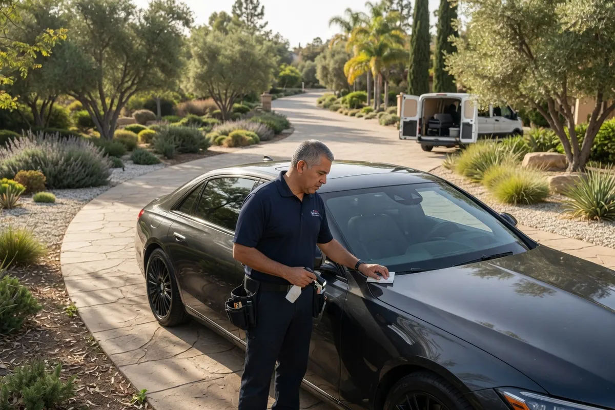 Independent mobile detailer assessing a car on a Rancho Santa Fe driveway
