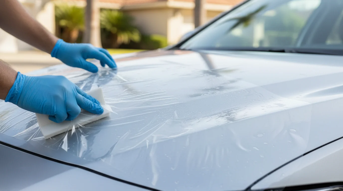 Gloved hands applying clear protective film to a silver car hood