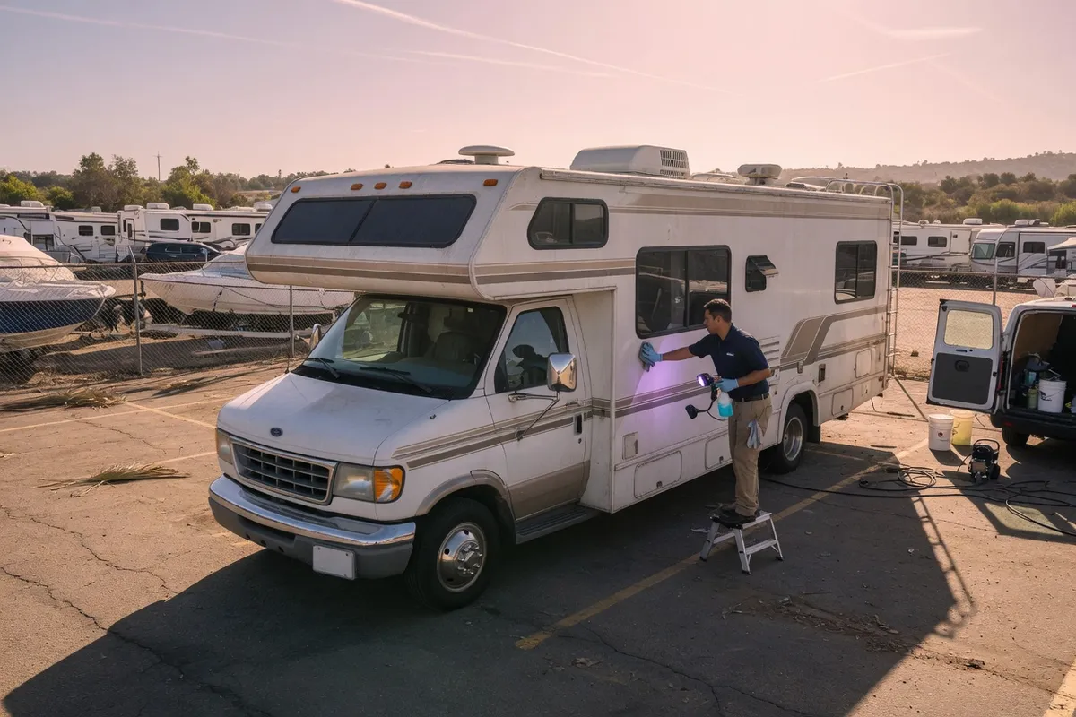 Independent mobile detailer inspecting a motorhome parked in San Diego County