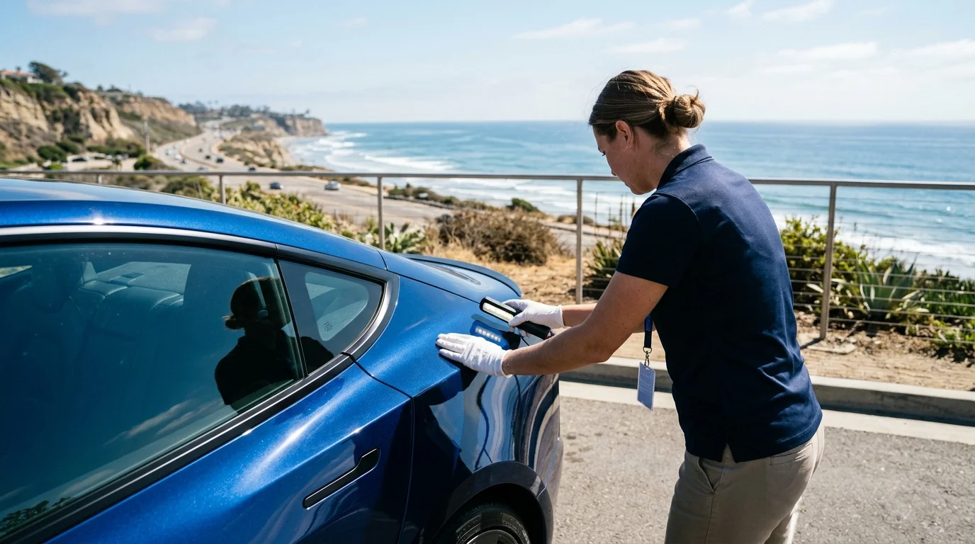 Car paint inspection in bright coastal light near Del Mar, California