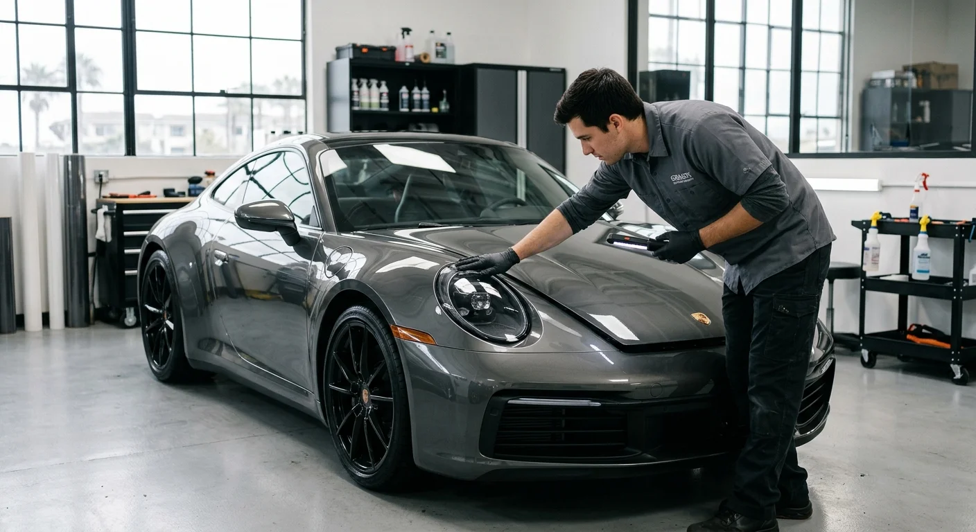 Installer inspecting clear paint protection film on a modern car