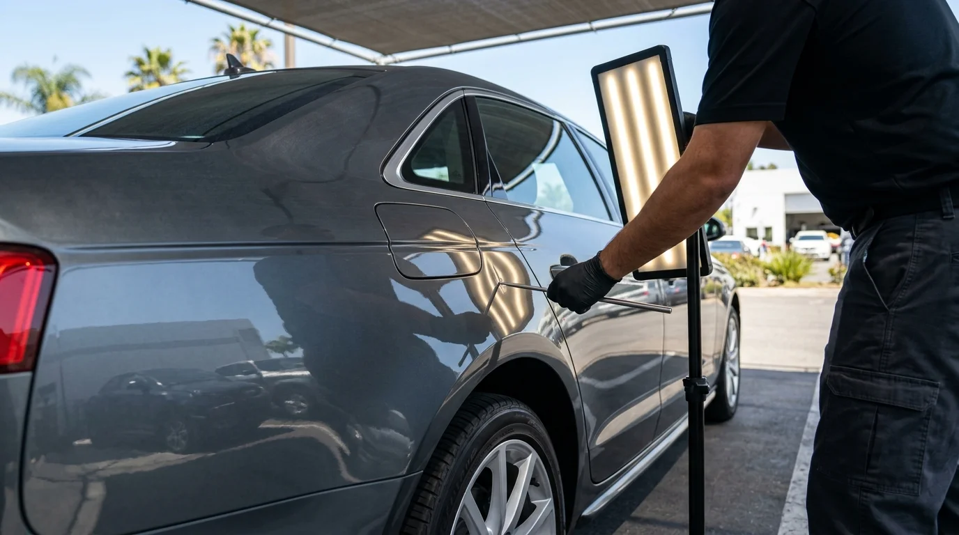 Paintless dent repair on an aluminum vehicle panel in San Diego