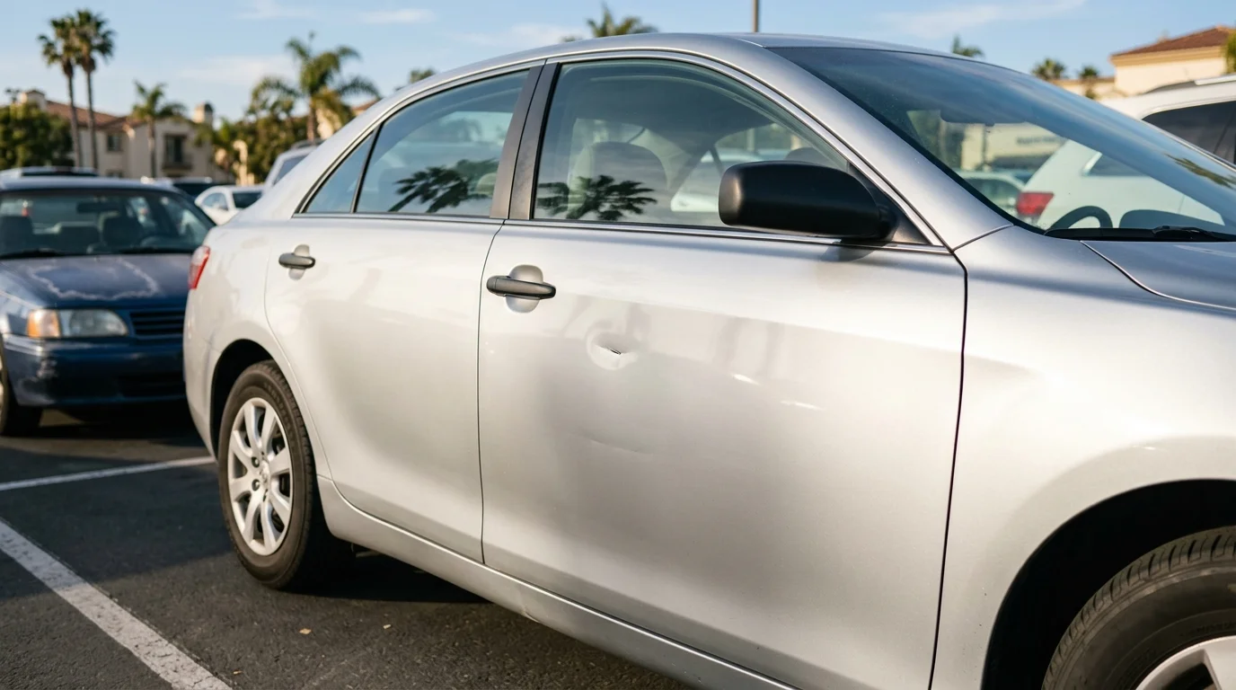 Shallow parking-lot ding on an unbranded car door in a San Diego lot