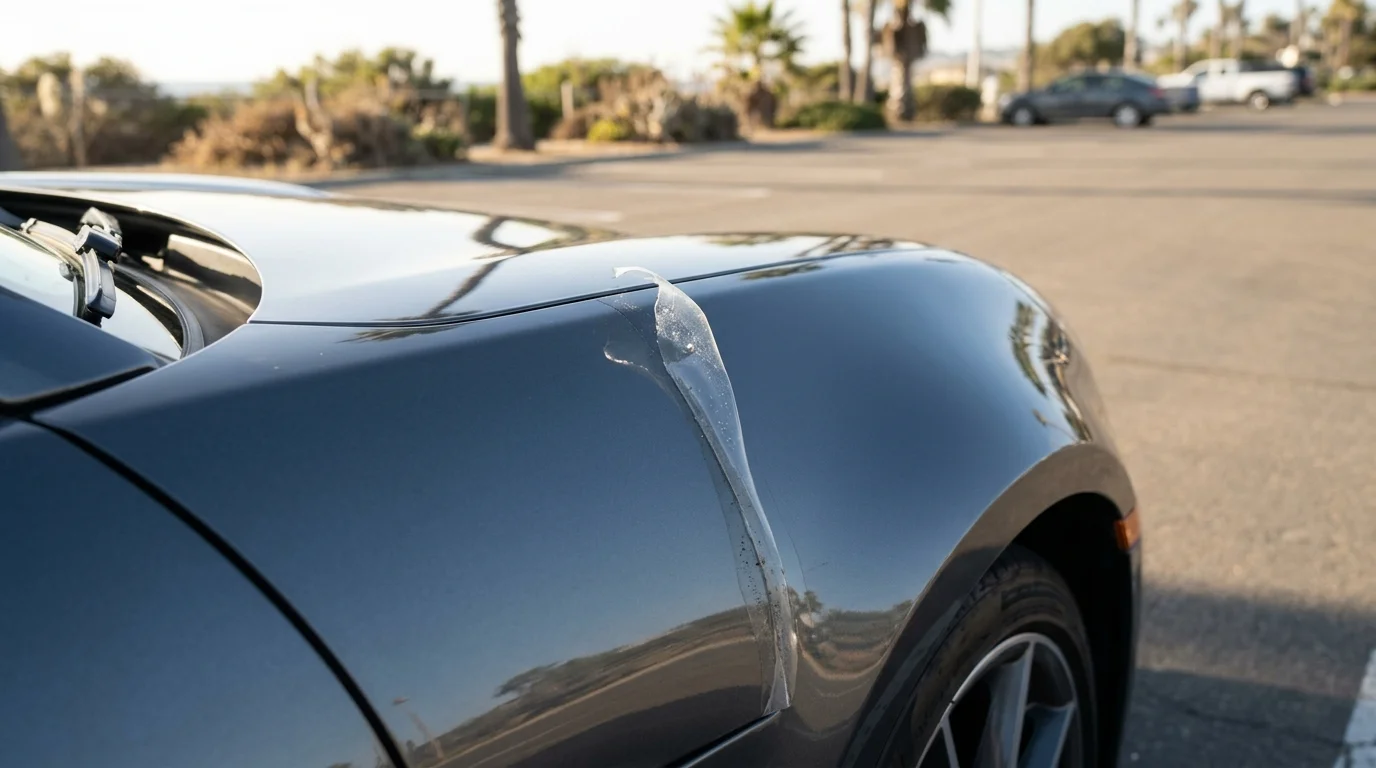 Lifted paint protection film edge on a car in San Diego