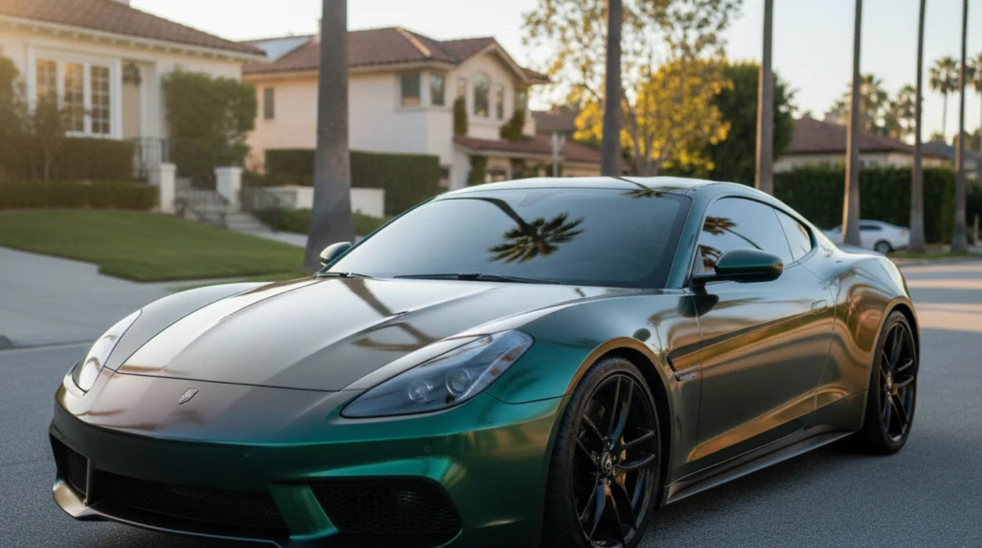 A vinyl-wrapped car parked in Southern California daylight