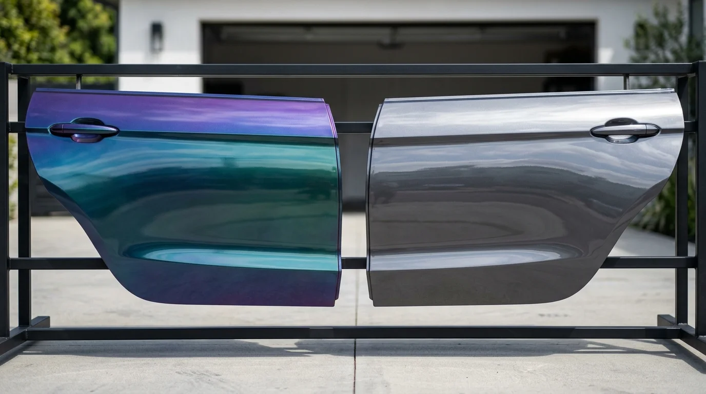Two unbranded car panels, one color-change vinyl and one clear PPF