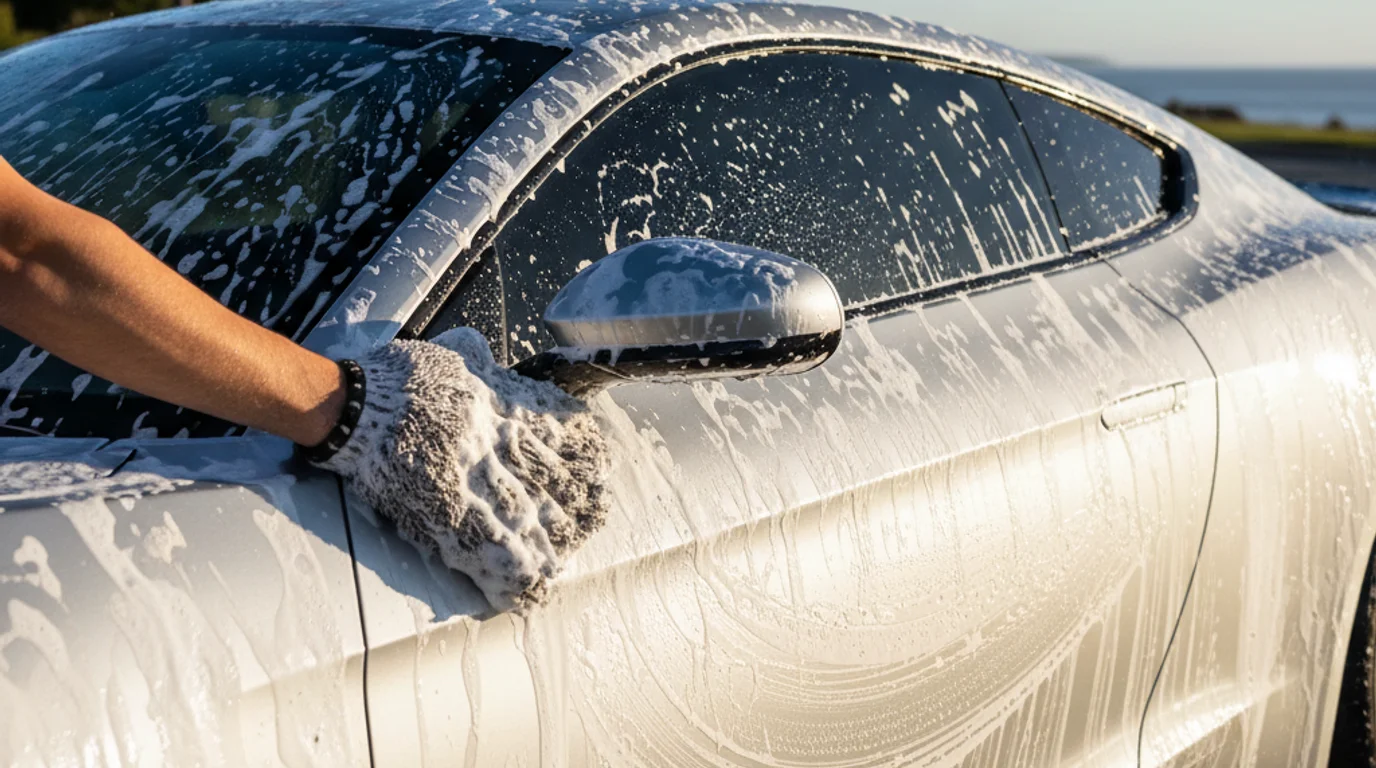 A car being hand-washed with a wash mitt and foam