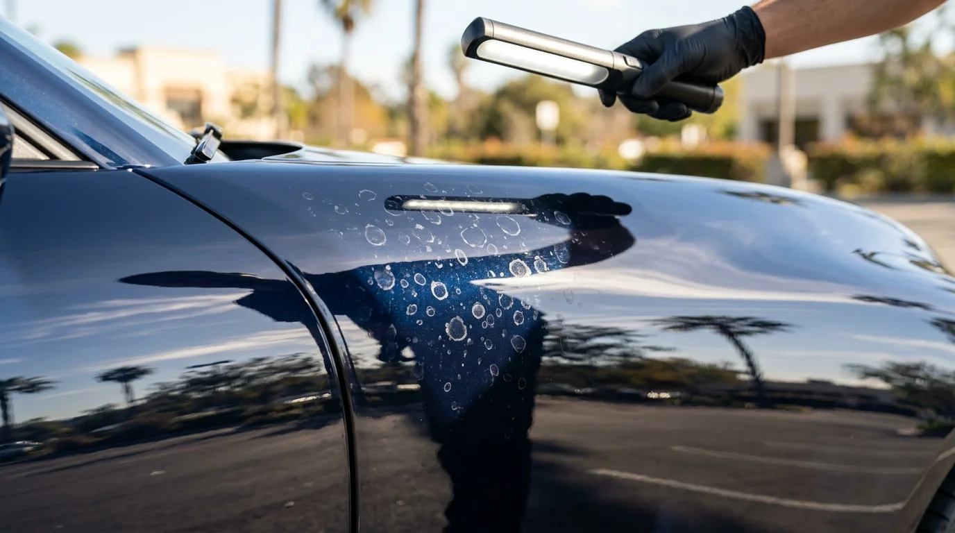 Water spots visible on a glossy coated car panel under inspection lighting