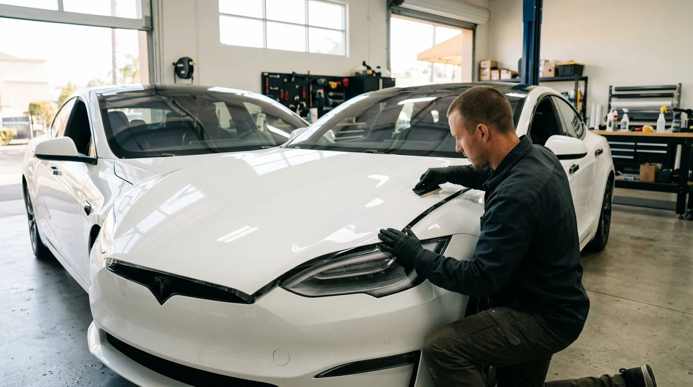 Independent installer examining clear paint protection film on a car hood