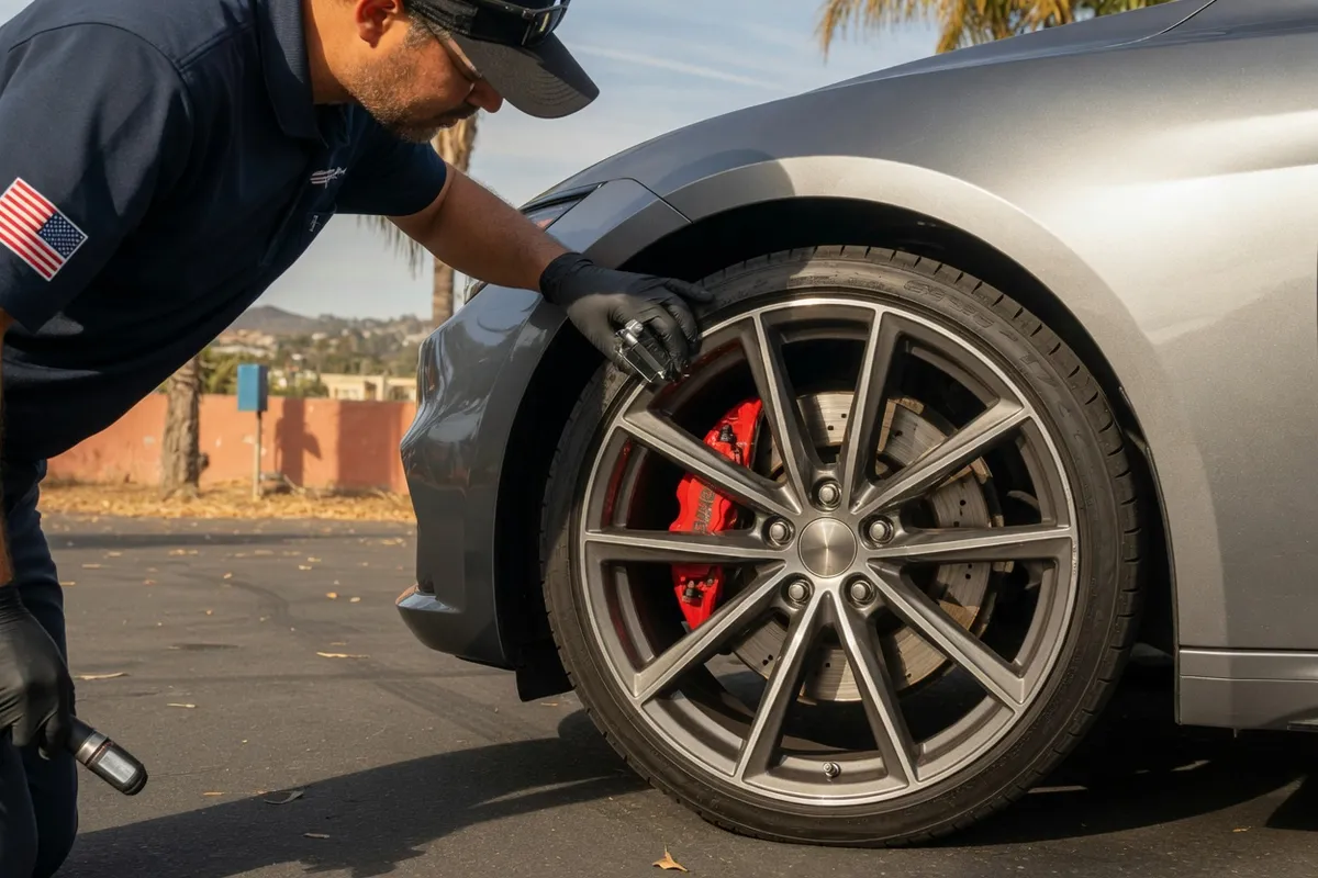 Clean coated alloy wheels on a parked car in San Diego sunlight, with light brake dust nearby