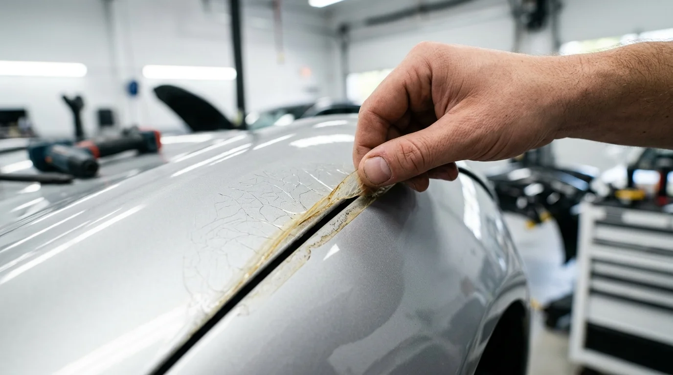 Old paint protection film being inspected along a vehicle panel edge