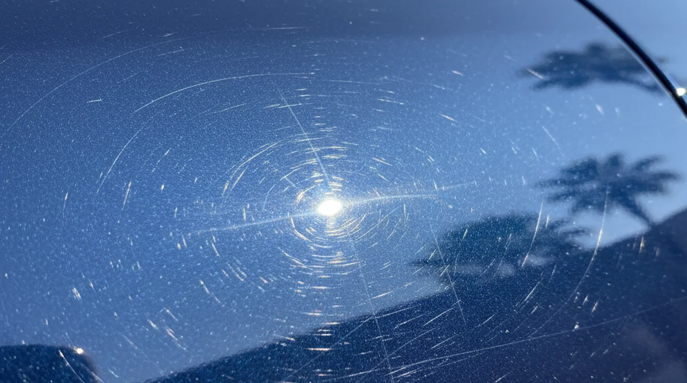 Close-up of light scratches on a dark car door panel