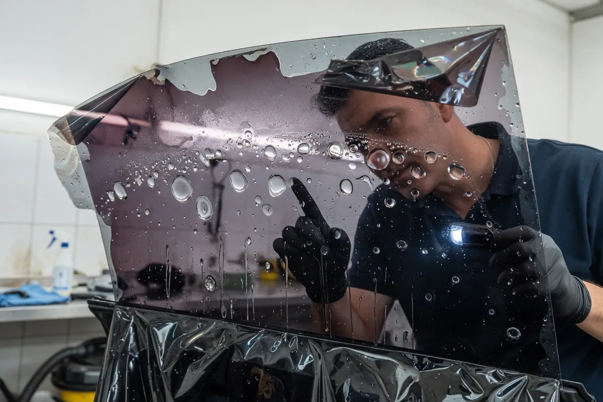 Aged automotive window film on a car door inspected in San Diego daylight