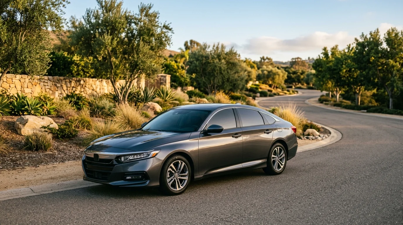 Tinted car parked beside a landscaped Rancho Santa Fe road