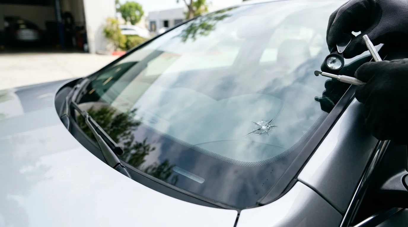 Small chip near the edge of an unbranded automobile windshield under inspection