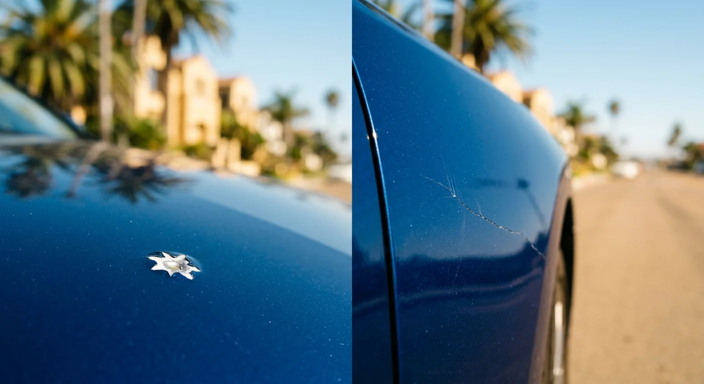 Chip and spreading crack on a car windshield in San Diego