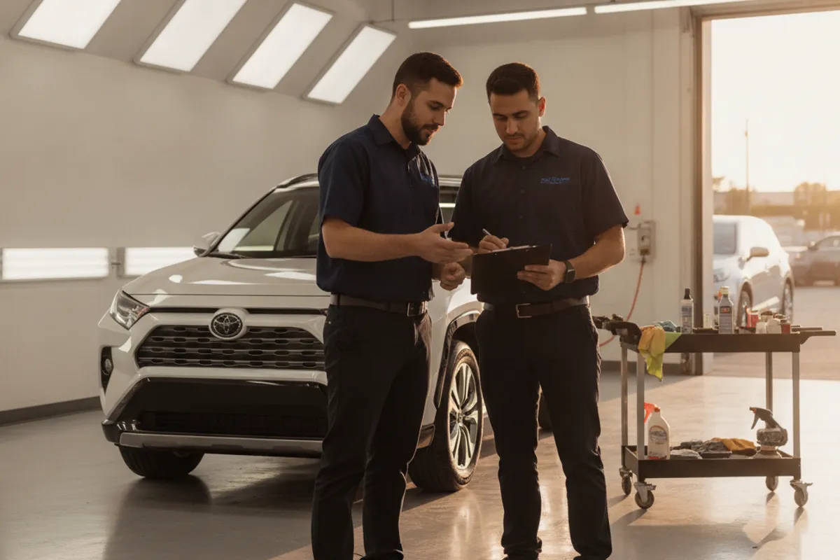 Car owner and a local installer reviewing ceramic coating and PPF options at a San Diego County automotive shop.