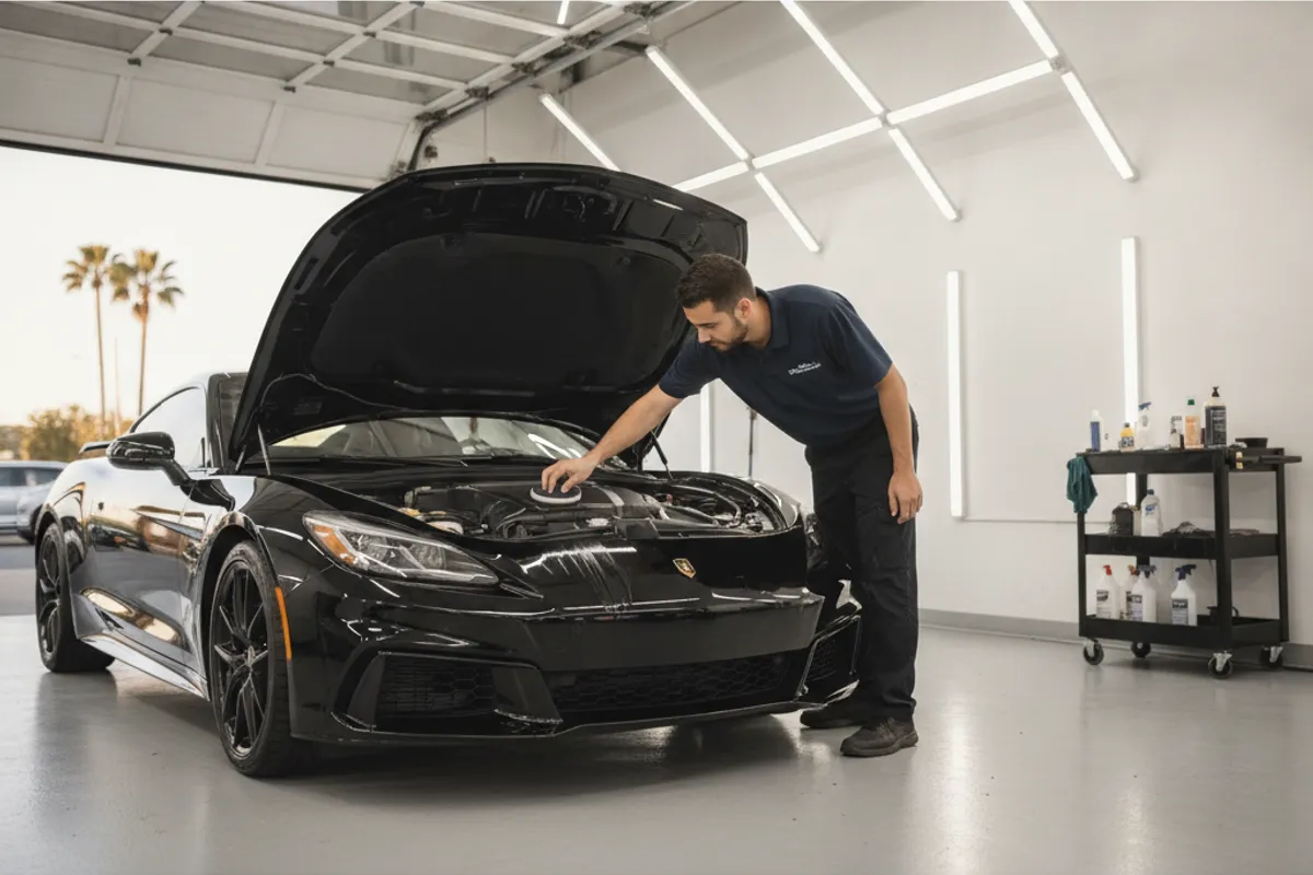 Vetted local installer applying ceramic coating to a dark vehicle at a San Diego County automotive shop with overhead lighting.