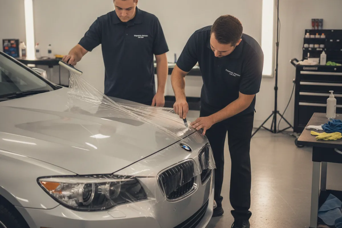 San Diego automotive installer inspecting a vehicle panel under bright shop lighting before applying ceramic coating.