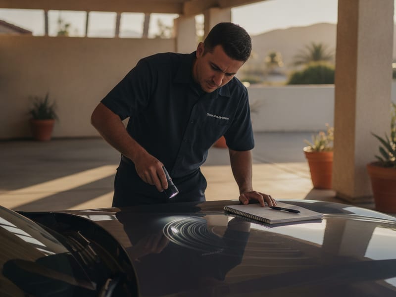 Car owner inspecting paint protection film edge on the hood of a white sedan in bright sunlight