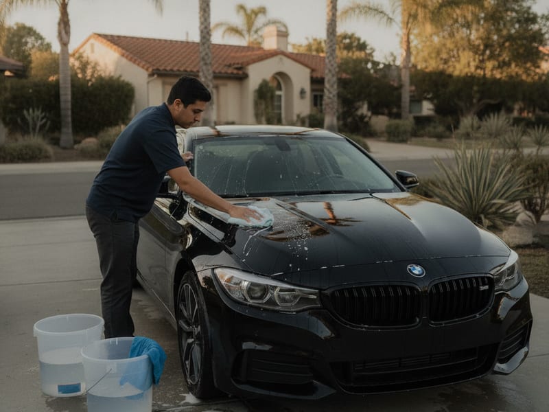Car owner hand-washing a ceramic-coated black sedan with a microfiber mitt in a San Diego driveway